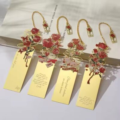 Vintage rose hollow-cut metal bookmark with elegant floral design