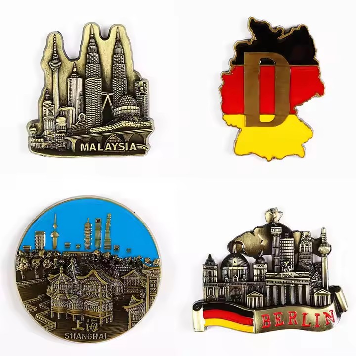 Custom world travel souvenir metal fridge magnet with global landmarks