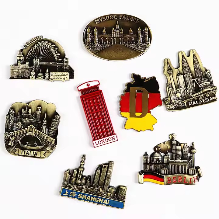 Custom world travel souvenir metal fridge magnet with global landmarks