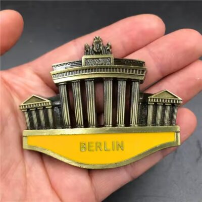 Metal fridge magnet with classic old town architectural design for travel souvenir