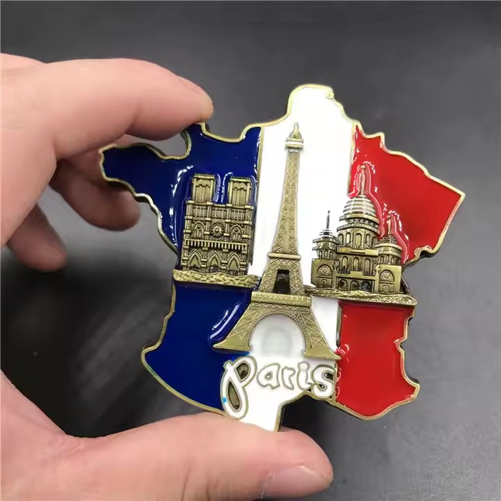 Metal fridge magnet with classic old town architectural design for travel souvenir