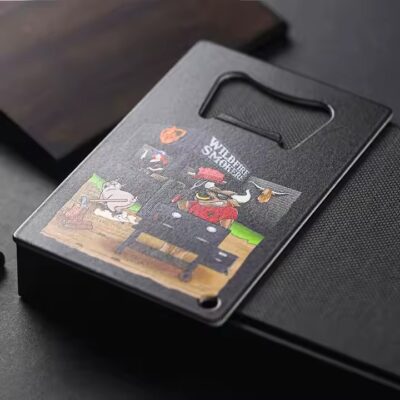 Custom credit card-shaped metal bottle opener with logo