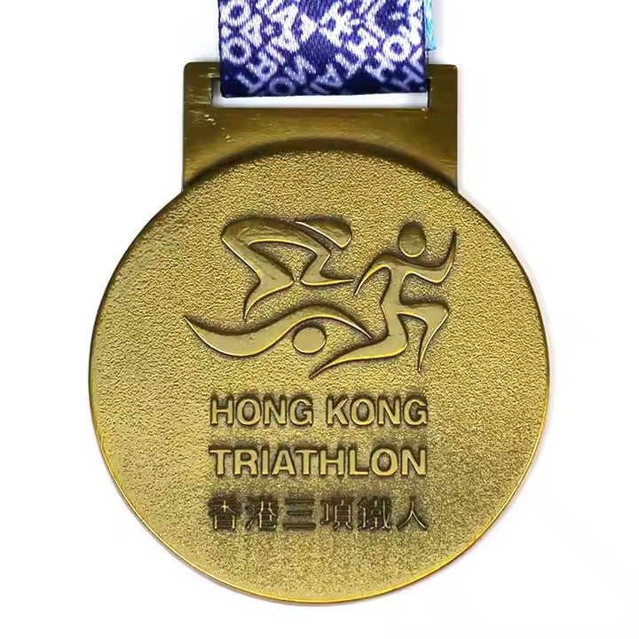 3D Gold Marathon Medal with Embossed Running Design