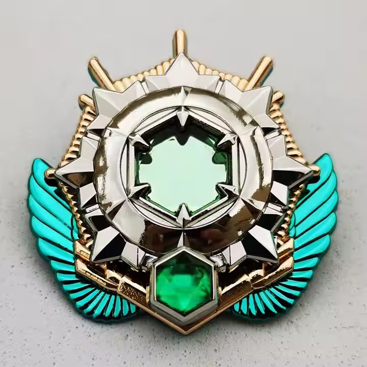 Unique Green Metal Badge with Rhinestone Accents