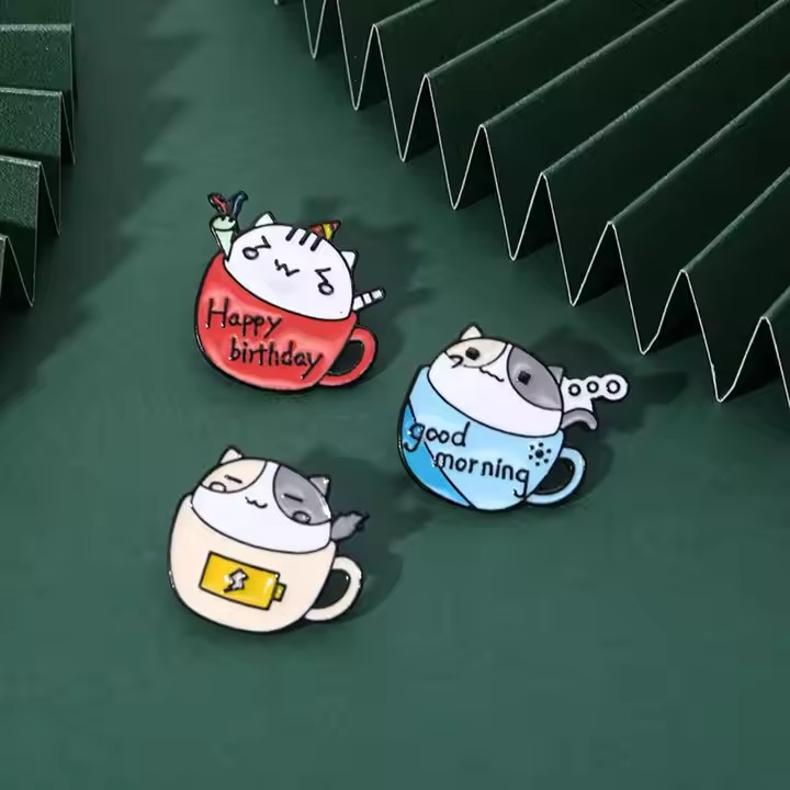 Cute coffee cup cat enamel metal lapel pin