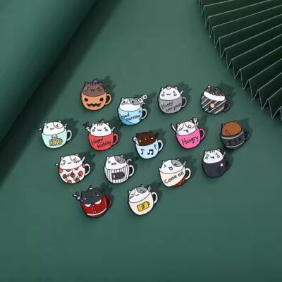 Cute coffee cup cat enamel metal lapel pin