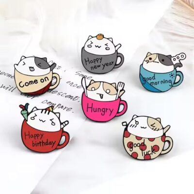 Cute coffee cup cat enamel metal lapel pin