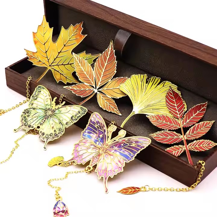 Gold-plated metal butterfly bookmark with colorful enamel design
