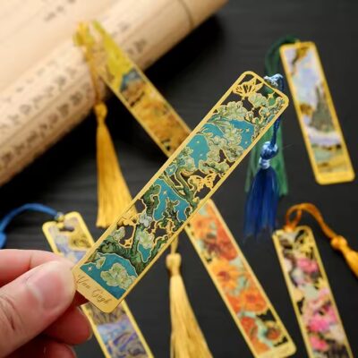 Hollow-out vintage metal bookmark with intricate classical design