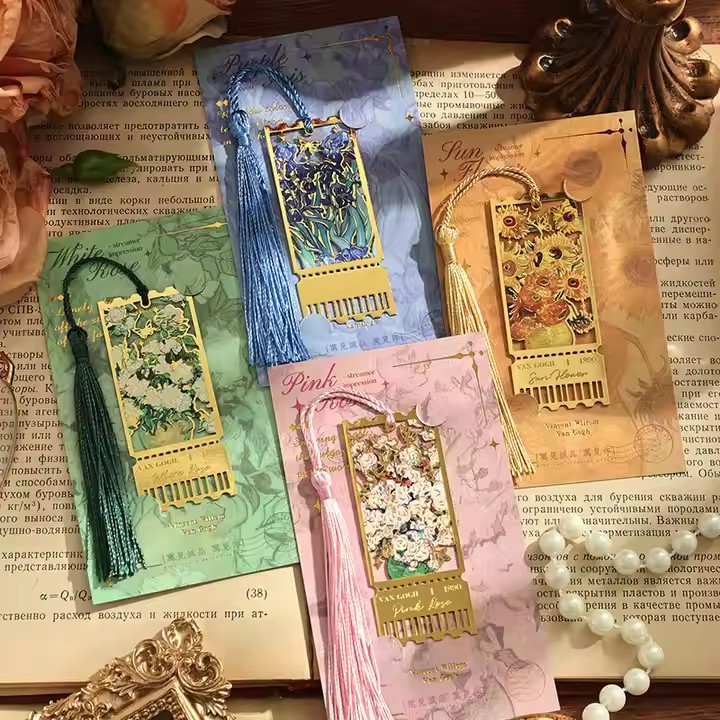 Oil painting style floral metal bookmark with artistic flower design