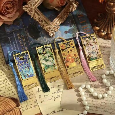 Oil painting style floral metal bookmark with artistic flower design
