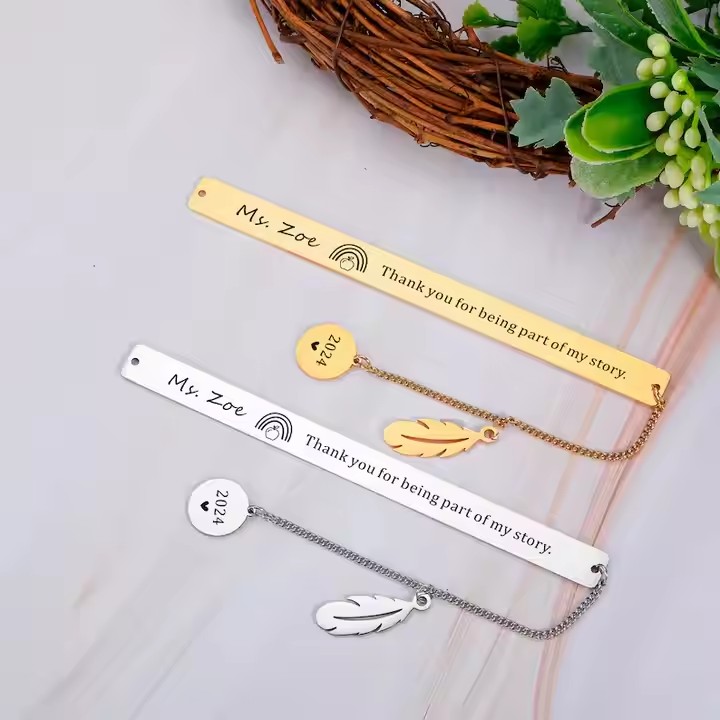 Stainless steel metal bookmark with inspirational quotes and custom engraving