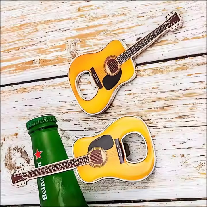 Guitar shaped metal bottle opener with custom design