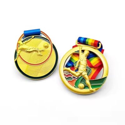 Custom Football Medal with Engraved Design and Ribbon