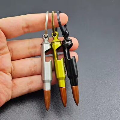 Custom bullet-shaped metal bottle opener with engraved logo