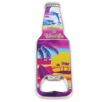 Custom beer bottle-shaped metal bottle opener with logo