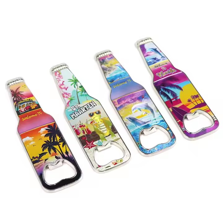 Custom beer bottle-shaped metal bottle opener with logo