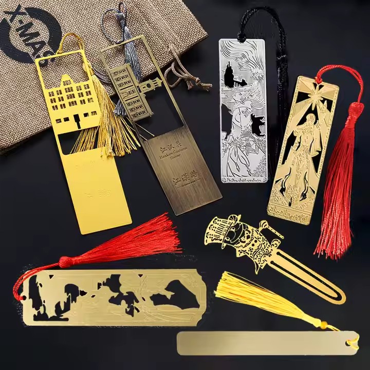 Custom brass metal bookmark with engraved logo design