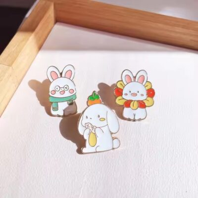 Custom cartoon soft enamel rabbit metal pin with printed design