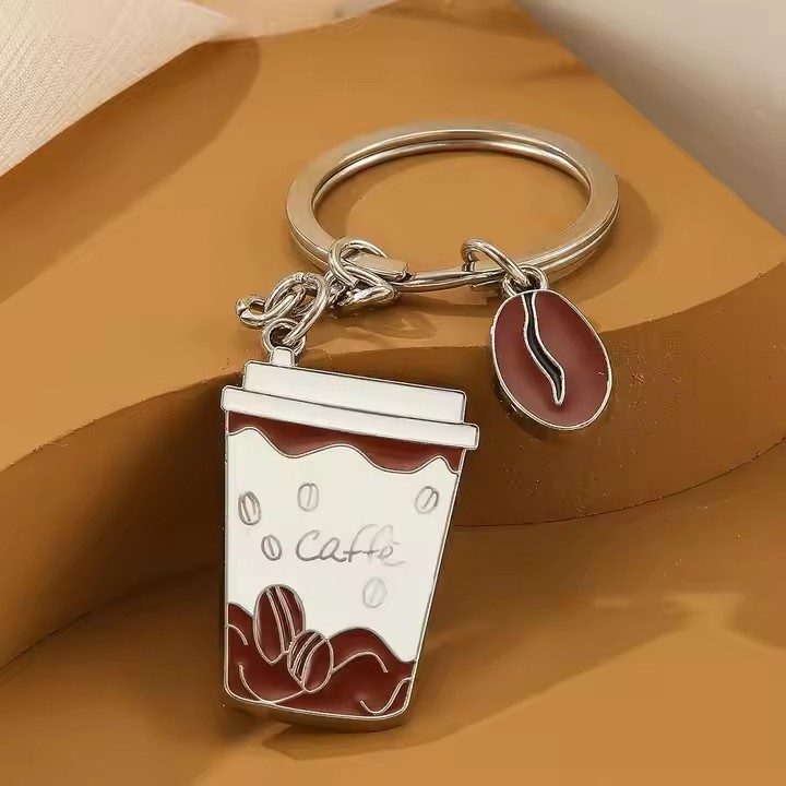 Coffee Cup and Bean Metal Keychain Custom Logo
